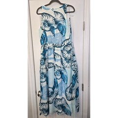 White House Black Market Fossil Shell Print Midi Dress Blue White 8 Coastal