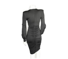 Women&rsquo;s S Black Solid Bodycon Knee Dress Long Sleeve V-Neck Ruched Zip
