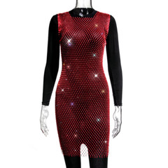 Women Sheer Mesh Net Mini Dress Sleeveless Hollow Out Rhinestone See Through
