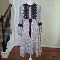 NEW Anna Sui Dress Blue 6 Midi Boho Floral Lace Cottagecore Goth Bell Sleeve