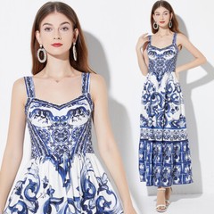 Vintage Baroque Floral Print V Neck Sleeveless Women Beach Party Maxi Slip Dress