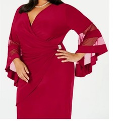 NWT R&M Richards Red Velour Gathered Surplice Wrap Dress Bell Sleeves Sz.16W