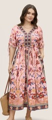 BloomChic Boho Print V Neck Drawstring Dress NWT