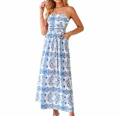 NWT Grace Karin Blue & White Boho Strapless Maxi Dress with Pockets | Size Small
