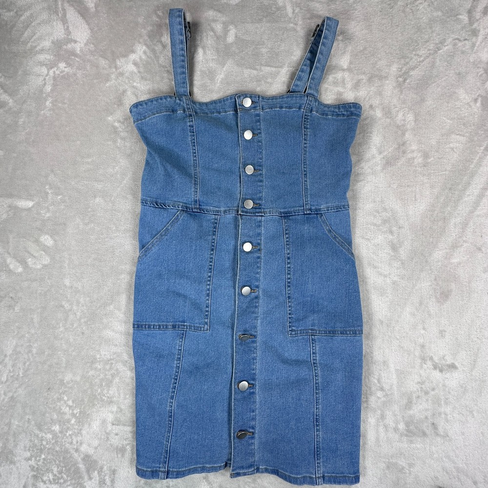 Dazy Denim Mini Dress Women XL Blue Cotton Pockets Adjustable Strap Button Front