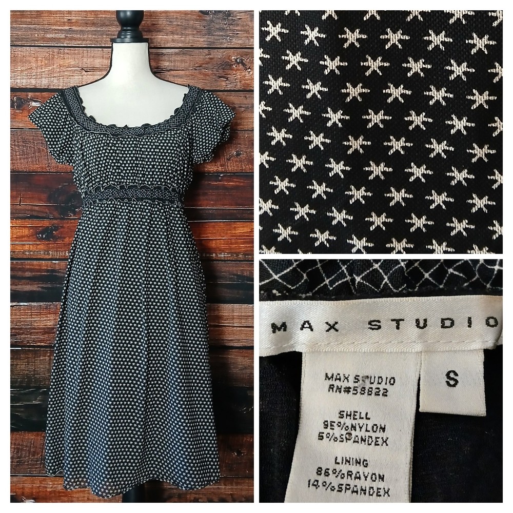Max Studio Dress S Peasant Puff Sleeve Black White Star Print Nylon Mesh Ruffle
