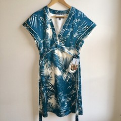 Y2K Proenza Schouler for Target 100% Silk Dress Size Small Teal White Palm Trees