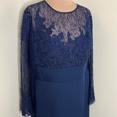Plus Size Navy Blue Long Sleeves Beaded Lace Slit Formal Mother of Bride Dresses