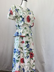 Vintage 1980s Halmode Plus Cotton White Floral Print Peplum waist sash belt 16W
