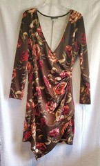 Venus Dress Brown Floral Ruching Bodycon Faux Wrap Size Small