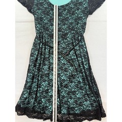 Torrid Black Lace Teal Lining Fit Flare Dress Belted Plus Size 1 XL Short Sleeve