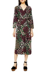 Topshop Long Sleeve Belted Floral Midi Shift Dress Womens 2 Multicolor V-Neck