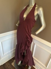Babyboo Burgundy Ruffle High Split Maxi Plunge Halter Dress Sz M