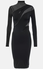 WOLFORD Black Sheer Opaque Fitted Dress Long Slv High Neck 2 Knee Stripes New XS