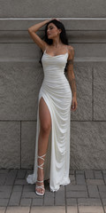 Women&rsquo;s White Satin Evening Dress Cowl Neck High Split Maxi Party Gown