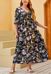 Plus Size Elbow Sleeve Floral Dress, Black