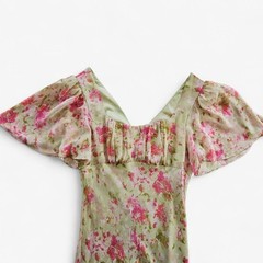 ASTR Tie Back Flutter Sleeve Open Back Cut Out Midi Dress in Lime Pink Floral L