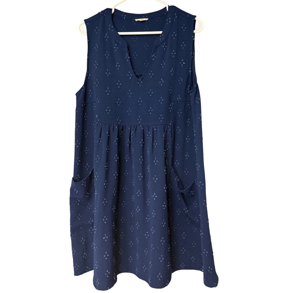 JODIFL Womens Navy Blue Textured Dot Sleeveless V Neck Casual Dress Size L