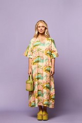 Tela Luxury Mercantile Flamingo&rsquo;in Around Cotton Blend Kaftan Maxi Dress One Sz