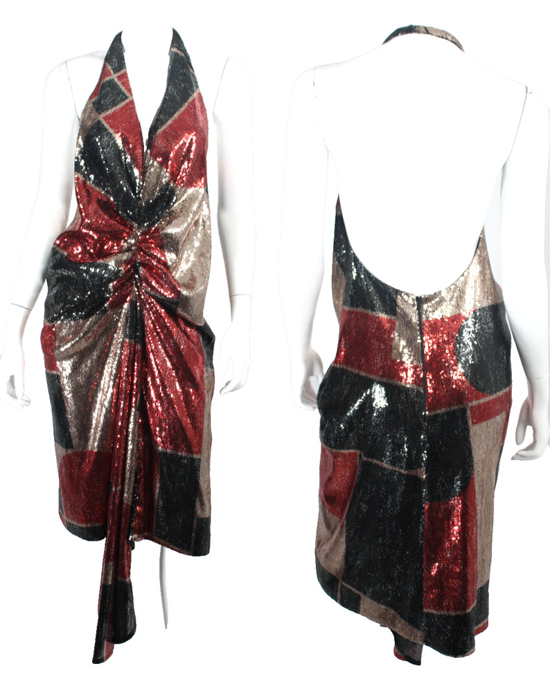 HALPERN Red, Black & Gold Argyle Sequined Halter Neck Sleeveless Dress 36