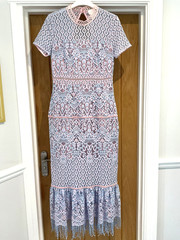 Foxiedox Blue/Pink Lace Fitted Short Sleeve Fringe Maxi Dress Size Medium