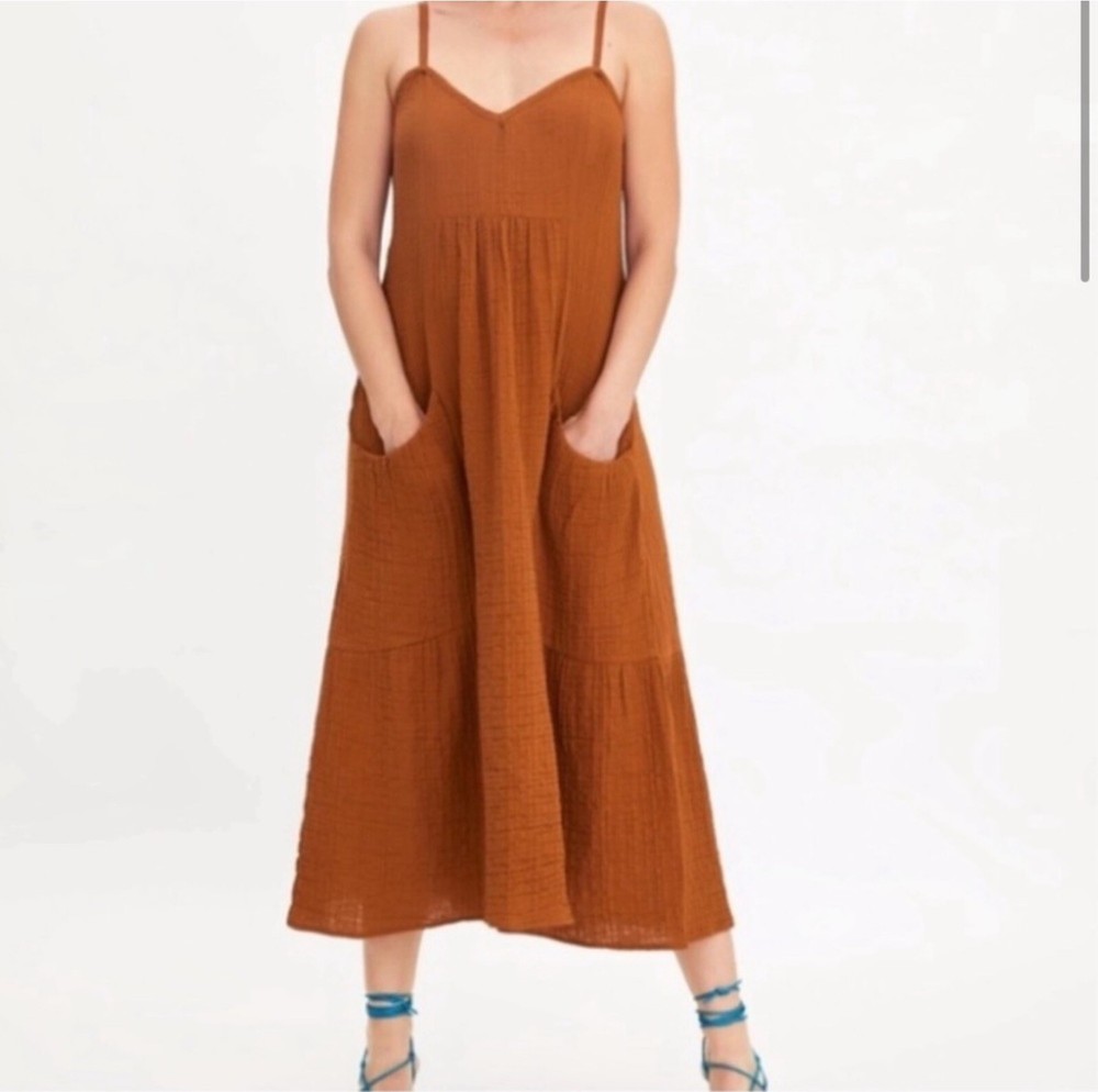 Zara V Neck Textured Spaghetti Adjustable Strap Midi Tie Dress Pockets S Orange