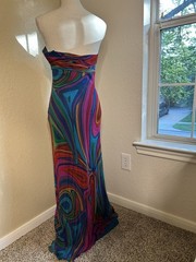 Vintage David Meister 100% Silk Colorful Strapless Dress Wedding Guest Size 2