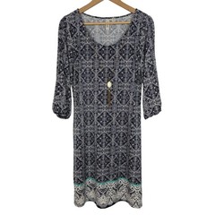 Tacera Womens Floral Geometric Paisley Dress Sz M Navy 3/4 Sleeve Slit Necklace