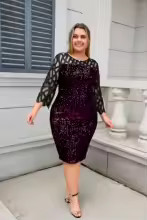 Party Dress Plus Size Ladies Midi Sequin Mesh Long Sleeve Lace Elegant Bodycon L