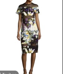 Nicole Miller 6 New York Daffodil Crepe Sheer Shoulder Flare Dress NRNU