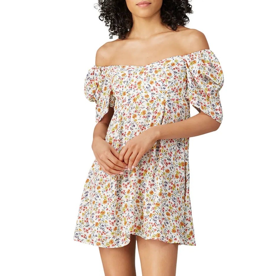 Flynn Skye Floral Mini Dress MEDIUM Off Shoulder Babydoll Vacation Designer $167