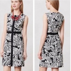 ANTHROPOLOGIE Tabitha Black White Floral A-Line Sheath Cotton Dress Size 2