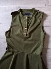 Missguided Khaki Green Stretch Flared Dress Utility Casual Feature Buttons UK10