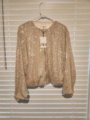 Zara Kids Girls Sequin Zip Jacket Size 13-14 164 NWT Gold Party Holiday