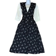 Vtg 80s 90s &lsquo;R.J.Stevens&rsquo; Black White Bow Pattern Cottagecore Midi Dress UK 10