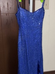 Vintage Precarious formal blue 100% silk Sequin Beaded Gown Sweetheart Backless