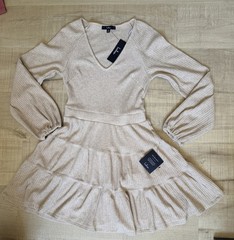 NWT Lulus Adorable Option Heather Beige Ribbed Knit Tiered Skater Mini Dress XS