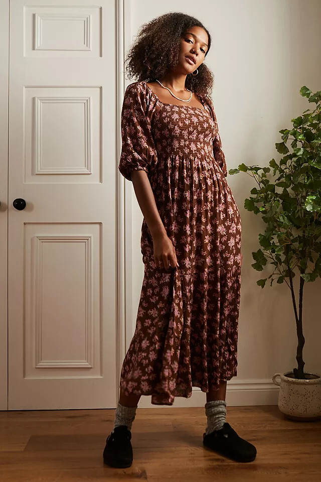 UO Lottie Chocolate Floral Tie-Back Midi Dress Printed Smocked Puff Sleeve L NEW