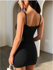 Black Solid Ribbed Slim Fit Tight Black Mini Cami Dress Sz XS S M L XL