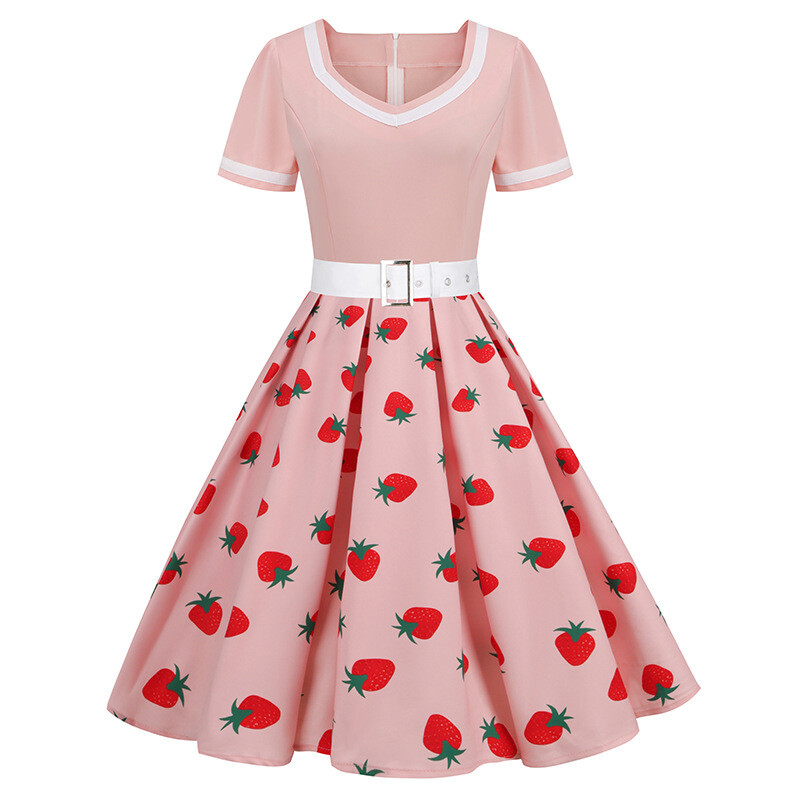 Vintage 50s 60s Cherry Printed Swing Women&rsquo;s Dress Short Sleeves Belted Waist