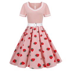 Vintage 50s 60s Cherry Printed Swing Women&rsquo;s Dress Short Sleeves Belted Waist