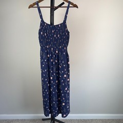 Old Navy Cami Midi Dress Navy Blue Pink Floral Smocked Bodice Pockets Small