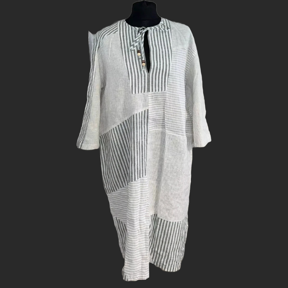 NWT ZARA Linen & Cotton Blend Patchwork Kaftan Dress Ecru 4786/123 Size L