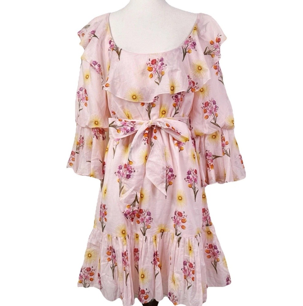 Borgo de Nor Pink Mini Dress Floral Ruffle Cotton Voile Tie Waist Size US 6 NWT