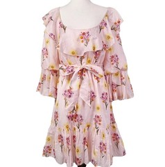 Borgo de Nor Pink Mini Dress Floral Ruffle Cotton Voile Tie Waist Size US 6 NWT