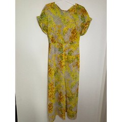 SHEIN Yellow Floral Maxi Dress Short Sleeve Slit Elastic Waist Large L 8/10