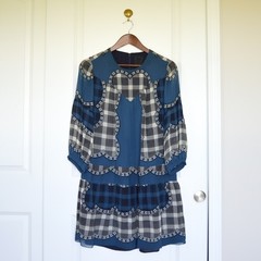 Anna Sui Blue Plaid Scallop Trim Chiffon Drop Waist Mini Dress Size 8
