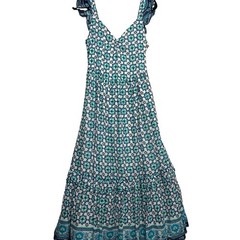 Lucky Brand Ruffle Strap Tiered Maxi Dress S Geo Print Smocked Blue White NWT