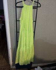 Elan Green Solid Maxi Dress Scoop Neck Strappy Sleeveless Rayon Tie L