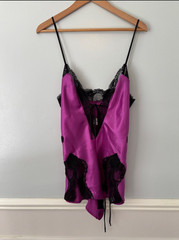 Lover&rsquo;s Lane Magenta Satin Bodysuit Black Lace Sz M/L Boudoir Romantic Goth